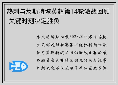 热刺与莱斯特城英超第14轮激战回顾 关键时刻决定胜负