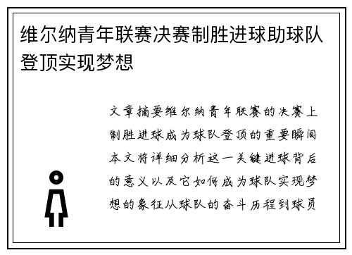维尔纳青年联赛决赛制胜进球助球队登顶实现梦想