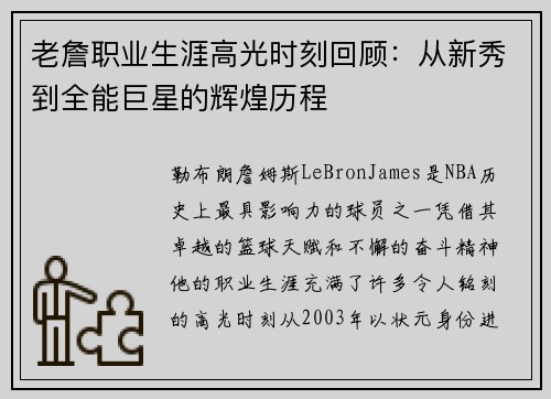 老詹职业生涯高光时刻回顾：从新秀到全能巨星的辉煌历程