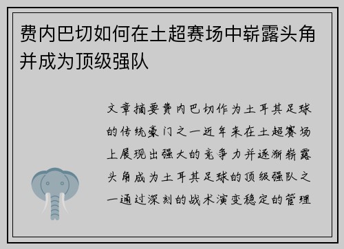 费内巴切如何在土超赛场中崭露头角并成为顶级强队 费内巴切如何在土超赛场中崭露头角并成为顶级强队