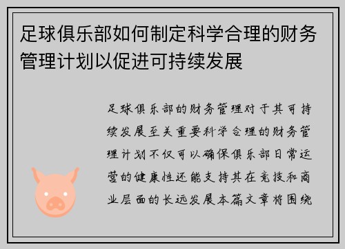 足球俱乐部如何制定科学合理的财务管理计划以促进可持续发展